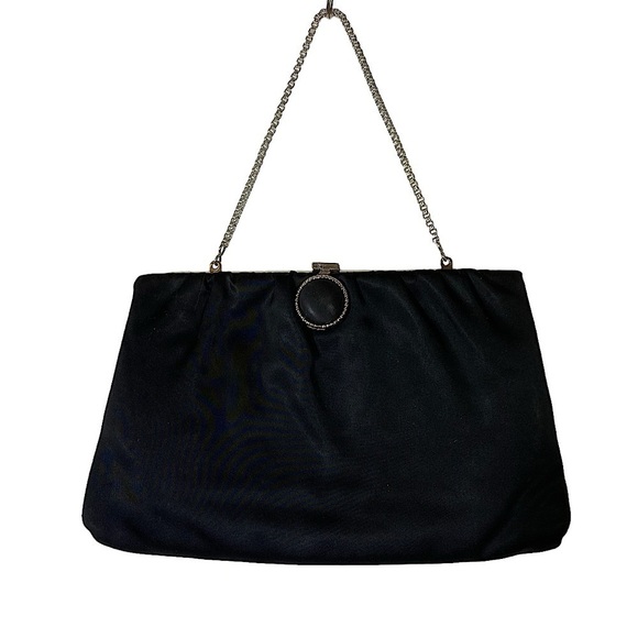 VINTAGE Black satin clutch evening Purse silver tone metallic frame and chain - Picture 2 of 10